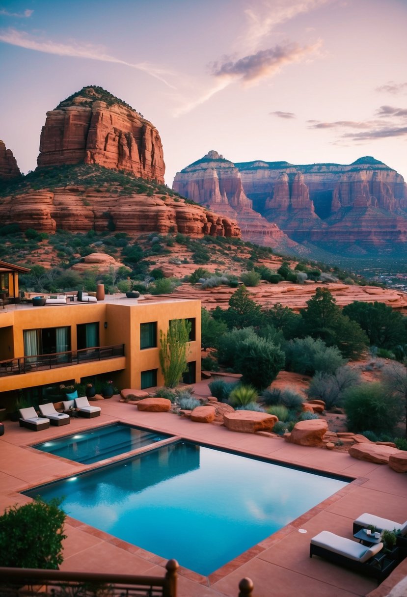The Amara Resort and Spa in Sedona, Arizona, nestled in the red rock landscape, with a luxurious pool and stunning mountain views