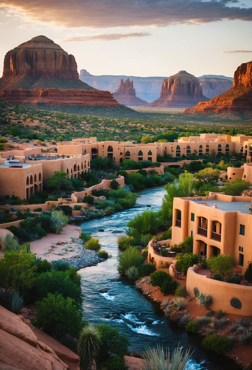 A scenic desert resort nestled among red rock formations, with lush greenery, a flowing river, and luxurious adobe-style buildings