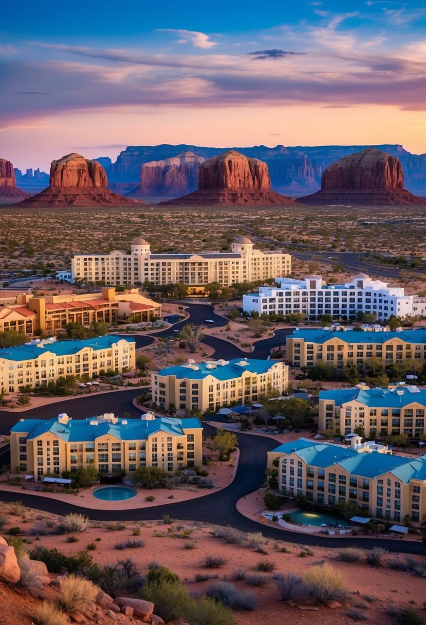 A desert landscape with 10 distinct resorts, each with its unique architecture and surroundings, set against a backdrop of Arizona's iconic red rock formations