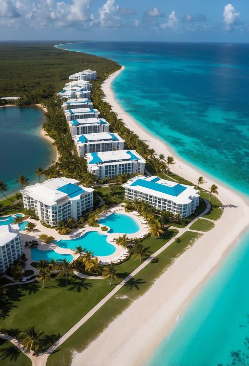 Aerial view of 5 luxury resorts in the Dominican Republic, nestled along the pristine coastline with palm trees, white sandy beaches, and crystal-clear turquoise waters