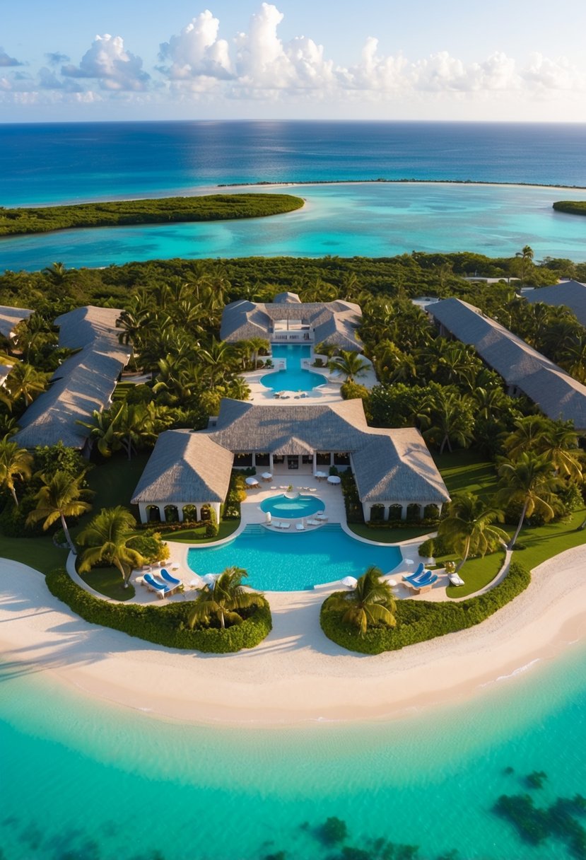 Aerial view of Sanctuary Cap Cana, Luxury Collection Resort, set against the backdrop of the Dominican Republic's lush landscape and crystal-clear waters