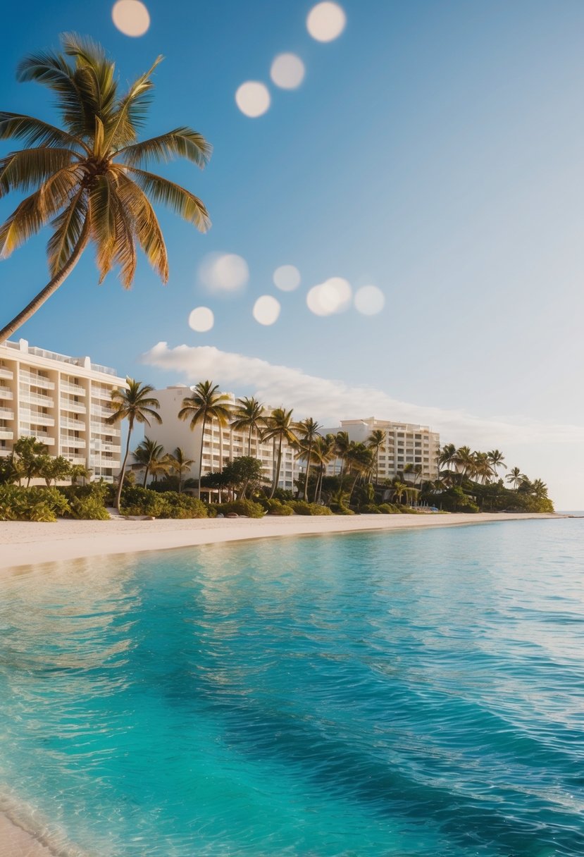 A serene beach with palm trees, crystal clear waters, and luxurious resort buildings nestled along the coastline