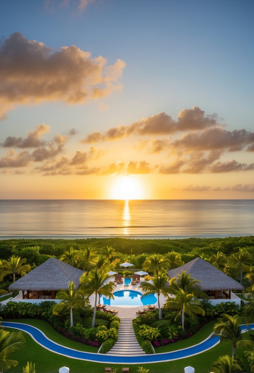 The sun sets over the luxurious Dreams Flora Resort & Spa, surrounded by lush greenery and pristine beaches in Cabeza de Toro, one of the top 5 resorts in the Dominican Republic