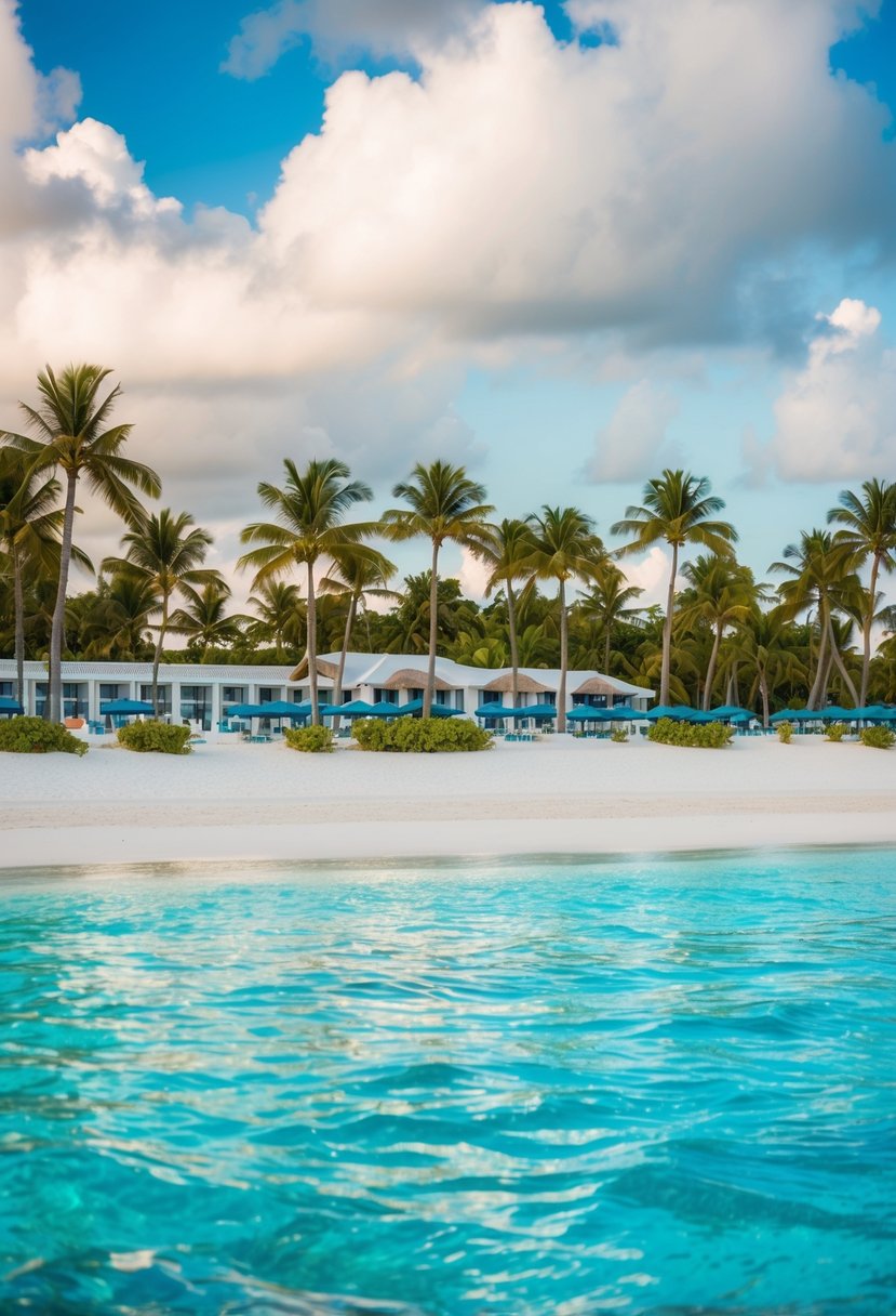 A luxurious beachfront resort with palm trees, white sand, and crystal clear waters in the Dominican Republic