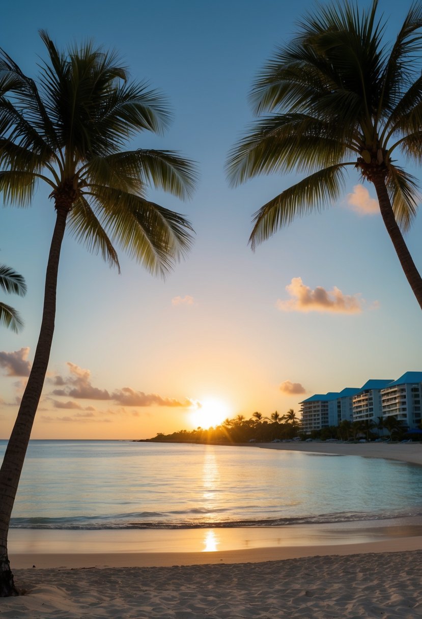 The sun sets over a pristine beach, palm trees sway in the gentle breeze, while luxurious resorts line the shore, offering a perfect escape in the Dominican Republic