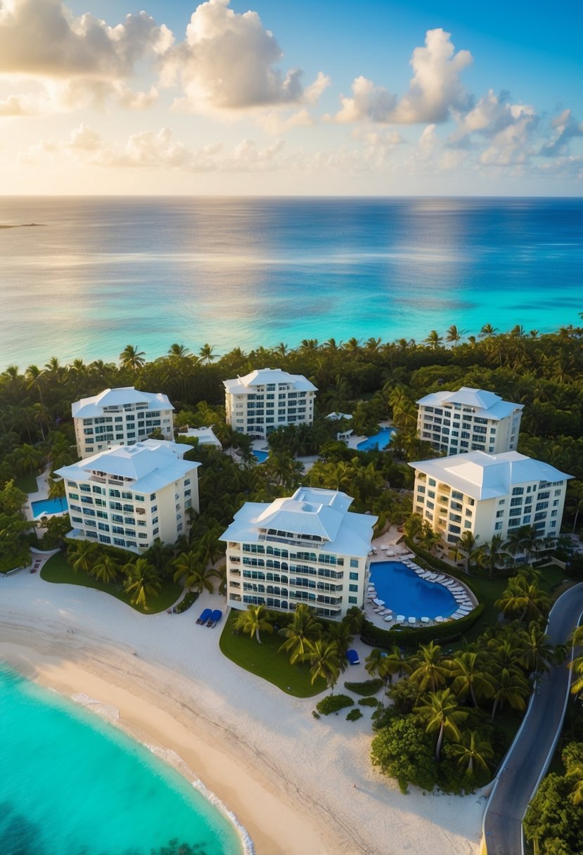 Aerial view of 5 luxurious resorts nestled along the pristine coastline of the Dominican Republic, surrounded by palm trees and crystal-clear waters