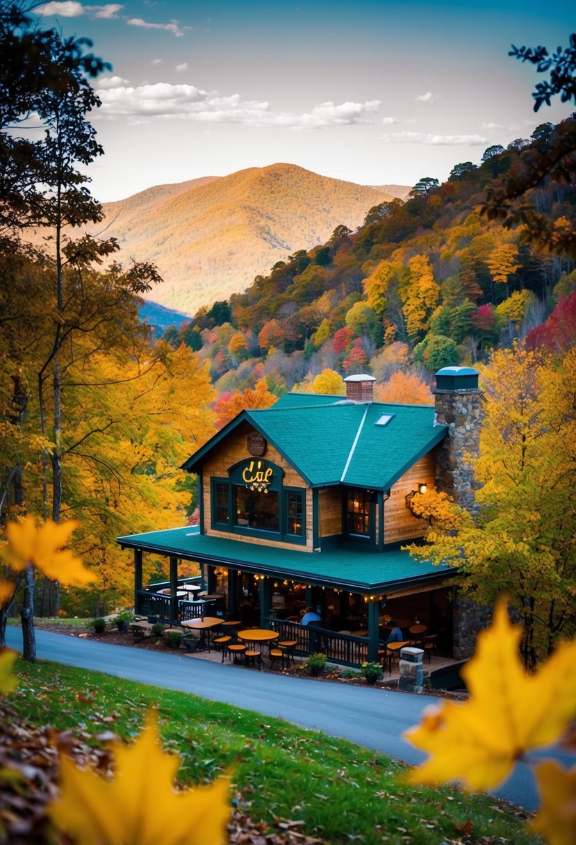 A cozy mountain cafe nestled among vibrant fall foliage, with a view of the Shenandoah National Park in the background