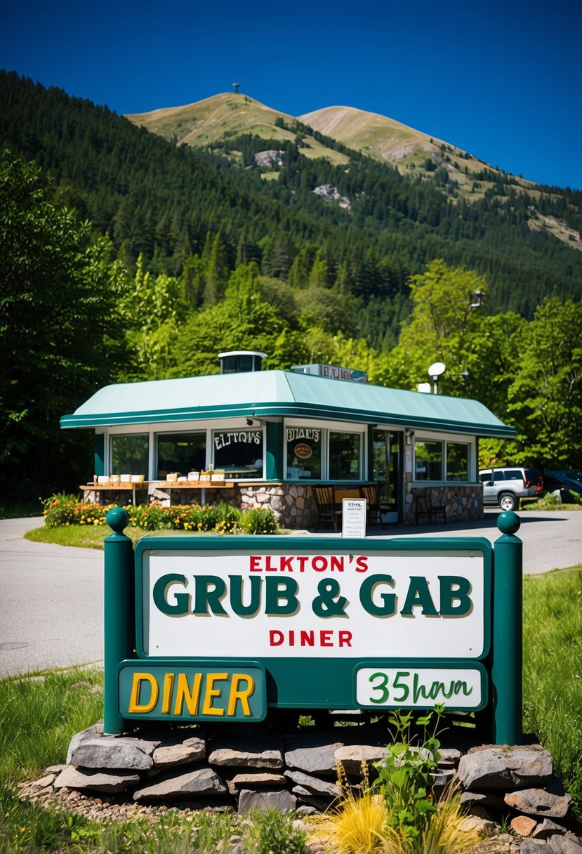 A cozy diner nestled in the mountains, surrounded by lush greenery and a clear blue sky. A sign outside reads "Elkton's Grub & Gab Diner."