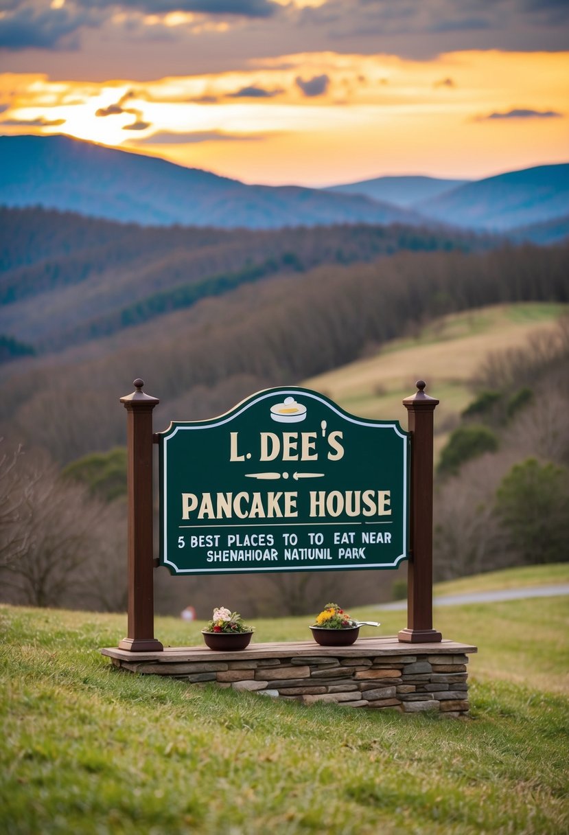 A cozy pancake house nestled among rolling hills, with a warm, inviting atmosphere and a sign boasting "L Dee's Pancake House - 5 best places to eat near Shenandoah National Park."