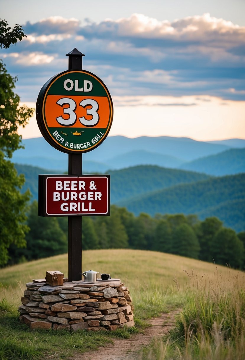 A rustic burger grill nestled among rolling hills, with a sign reading "Old 33 Beer & Burger Grill" and a backdrop of Shenandoah National Park