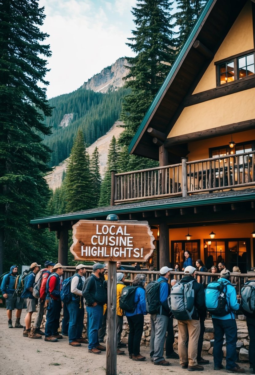 A cozy mountain lodge nestled among towering trees, with a rustic sign proclaiming "Local Cuisine Highlights" and a line of hungry hikers eagerly waiting outside