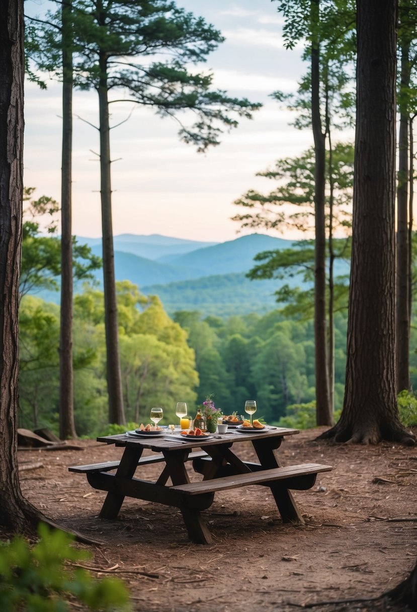 A serene forest clearing with a rustic picnic table set for a meal, surrounded by tall trees and a view of Shenandoah National Park in the distance