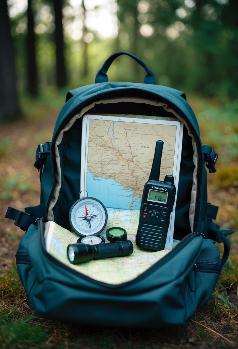 A backpack open with a map, compass, walkie-talkie, and flashlight spilling out