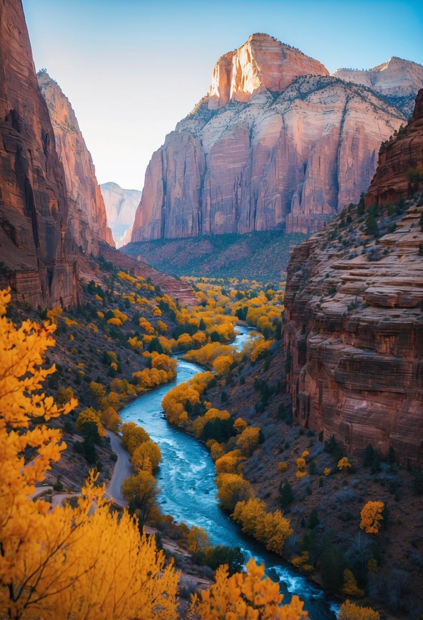 Sunlit cliffs tower over vibrant autumn foliage in Zion National Park, Utah. A winding river cuts through the valley, framed by golden trees