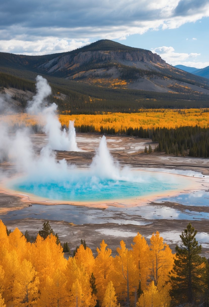 Vibrant autumn foliage blankets the rugged landscape of Yellowstone National Park, with geysers and mountains creating a stunning backdrop