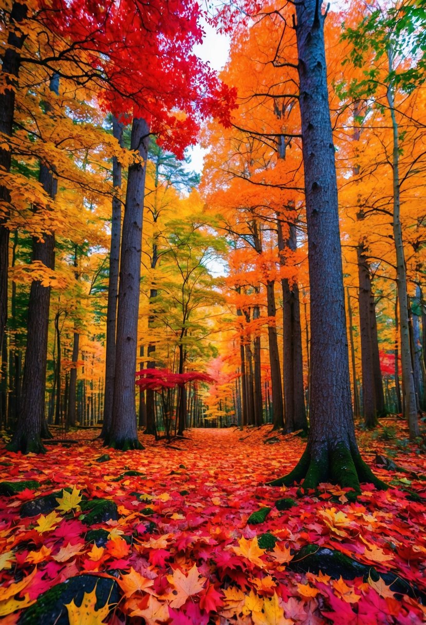 Vibrant autumn leaves blanket the forest floor, as towering trees display a stunning array of reds, oranges, and yellows in a picturesque national park setting
