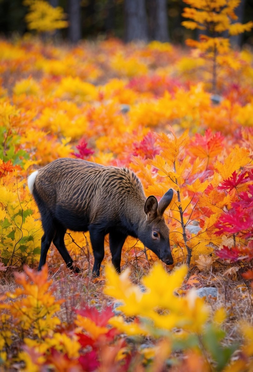Animals forage among colorful foliage in a vibrant autumn national park