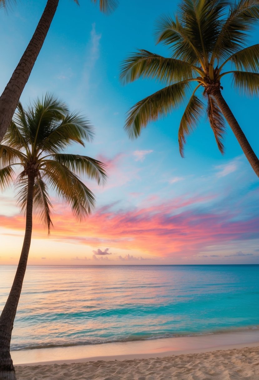 A tropical beach with palm trees, crystal clear water, and a colorful sunset