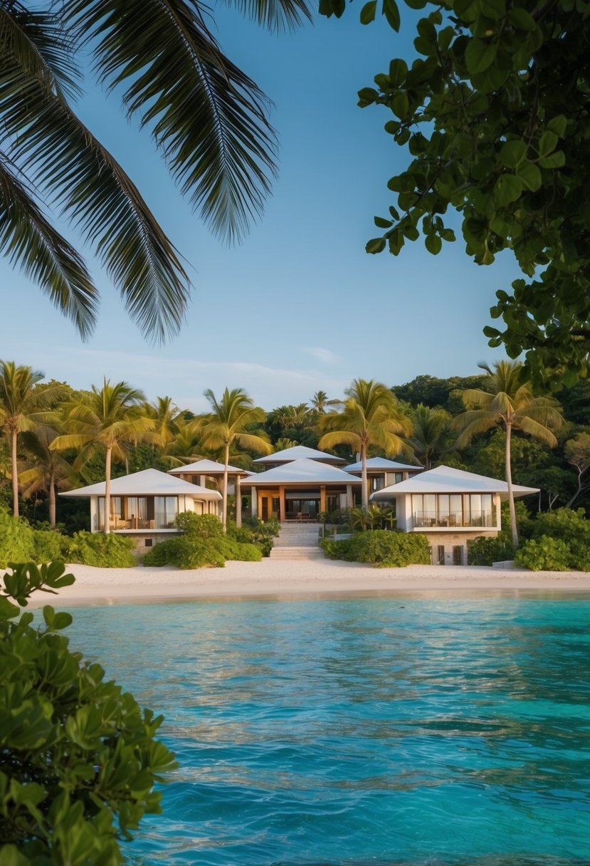 A serene beach resort with eco-friendly architecture blending seamlessly into the natural landscape, surrounded by lush greenery and clear blue waters