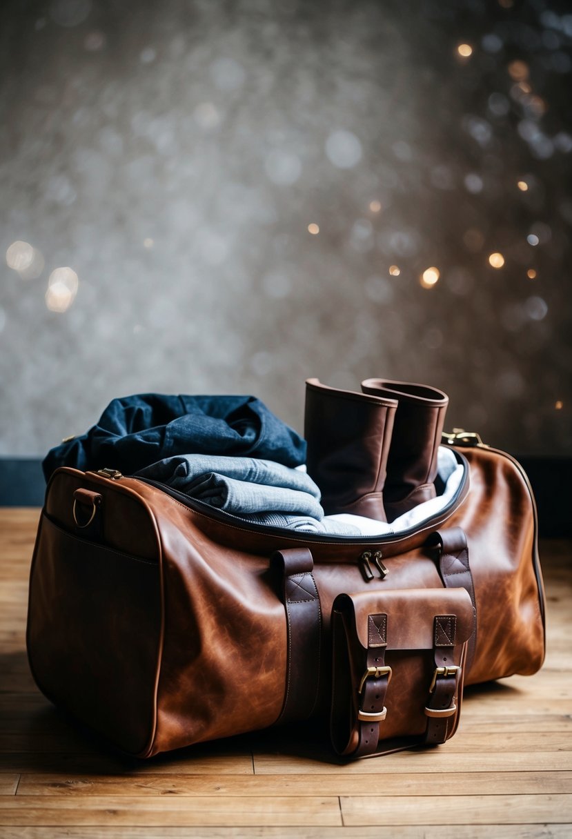 A rugged brown leather duffel bag sits on a wooden floor, packed with clothes and a pair of boots peeking out