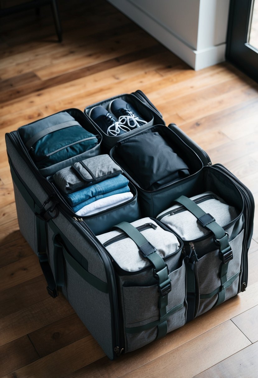 A sturdy, masculine travel bag sits open on a wooden floor, packed with clothes, shoes, and toiletries. It features multiple compartments, durable straps, and a sleek, modern design