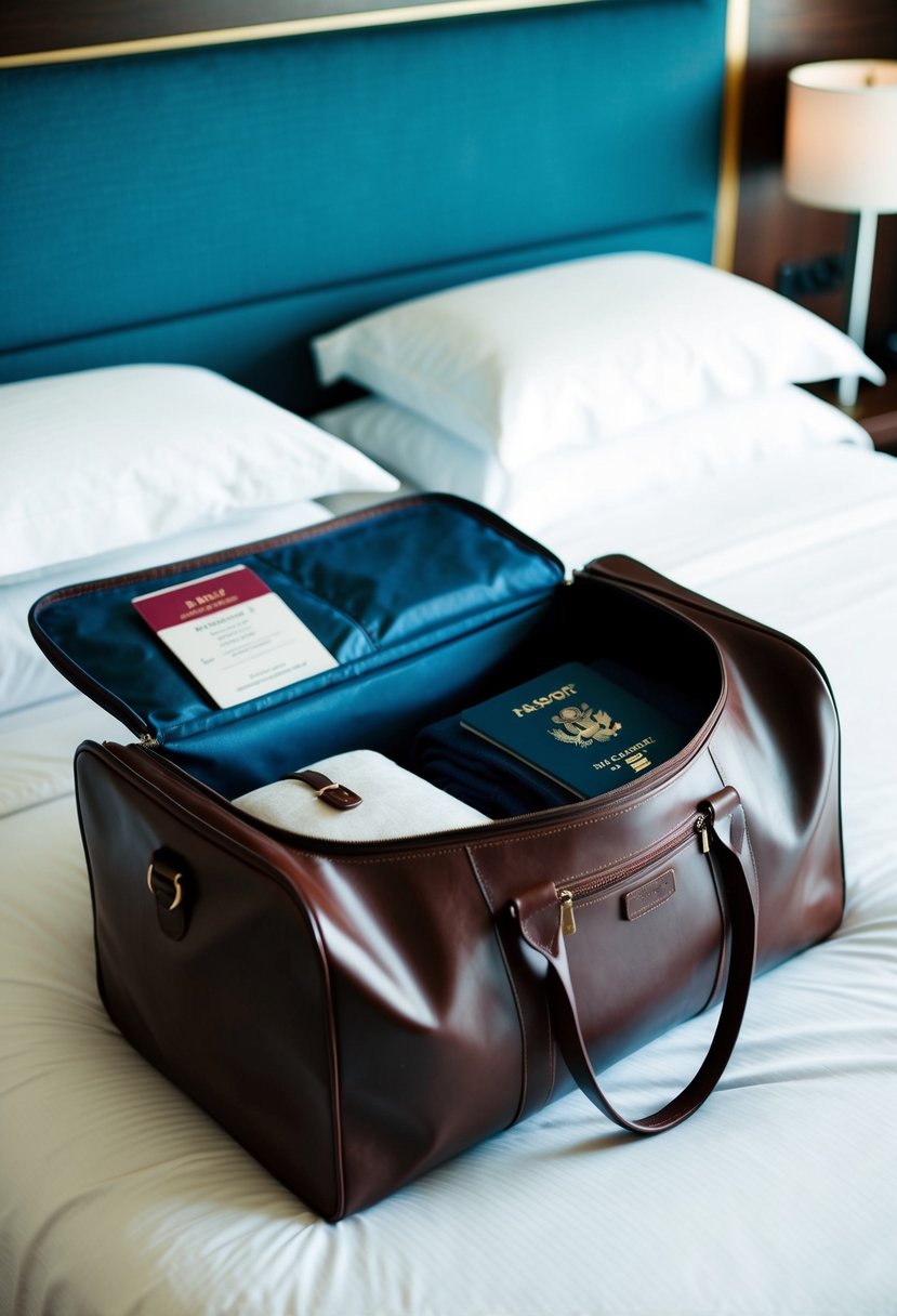 A sleek leather duffle bag sits open on a hotel bed, packed with neatly folded clothes and toiletries. A passport and boarding pass peek out of the front pocket