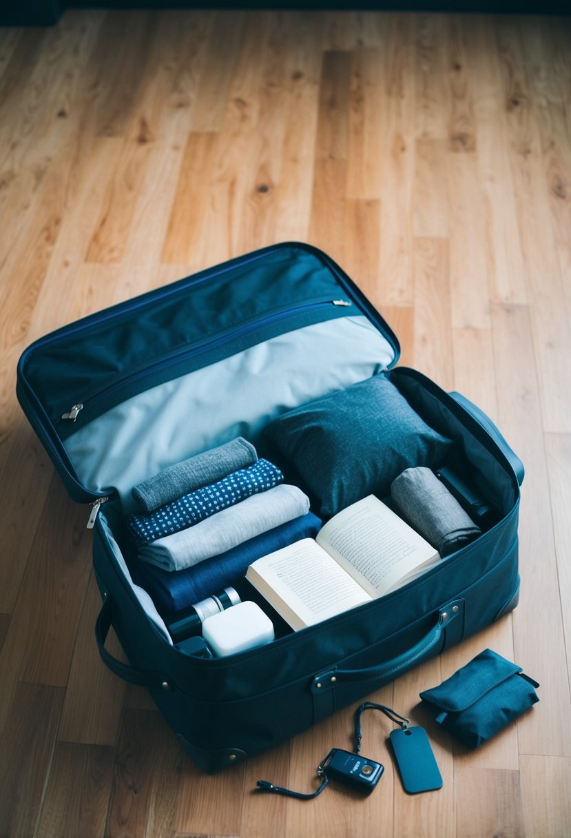 A man's travel bag sits open on a wooden floor, with neatly folded clothes, toiletries, and a book spilling out. A small repair kit and a luggage tag are nearby