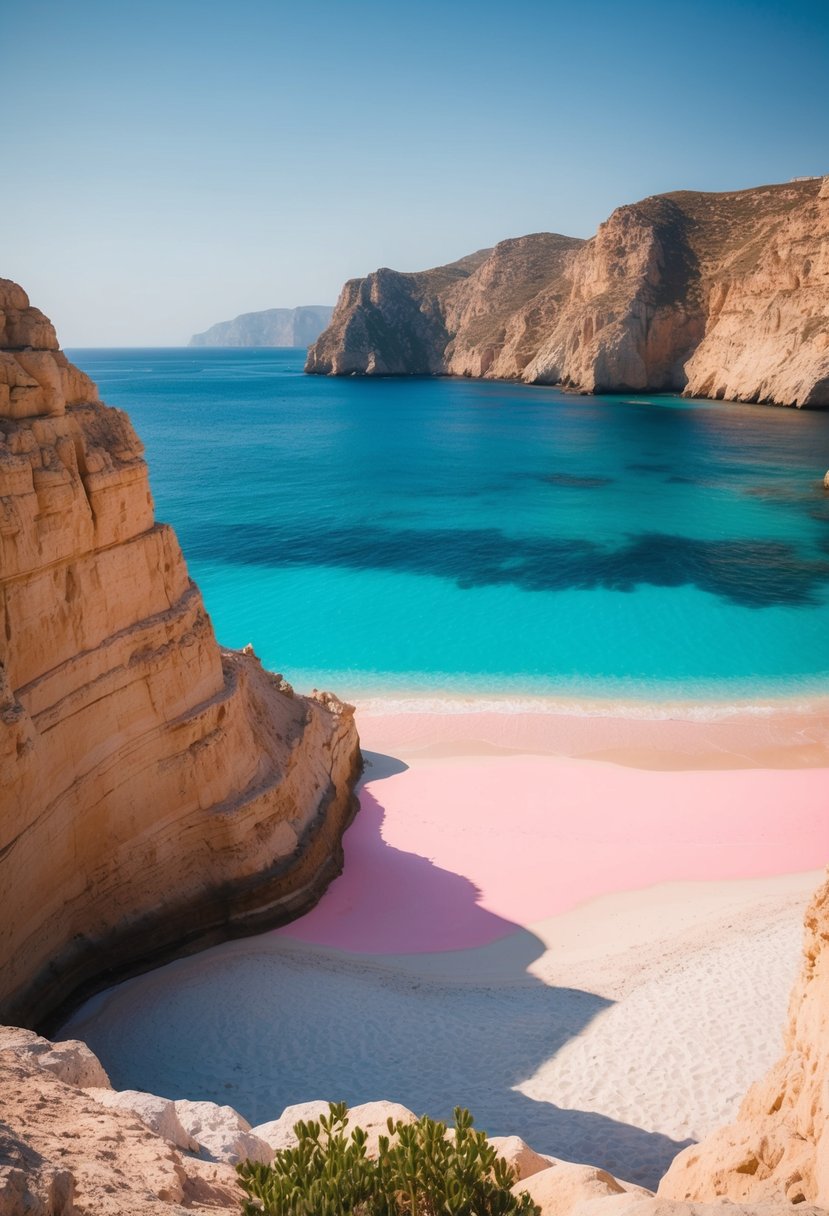 Turquoise waters meet pink sand at Elafonissi Beach, with rugged cliffs in the backdrop