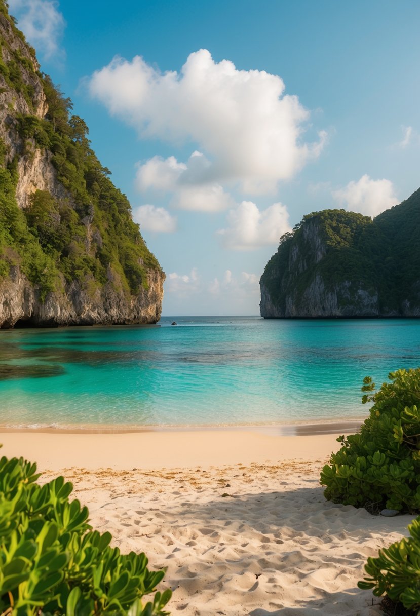 A serene beach with crystal clear waters and golden sand, surrounded by lush greenery and rugged cliffs