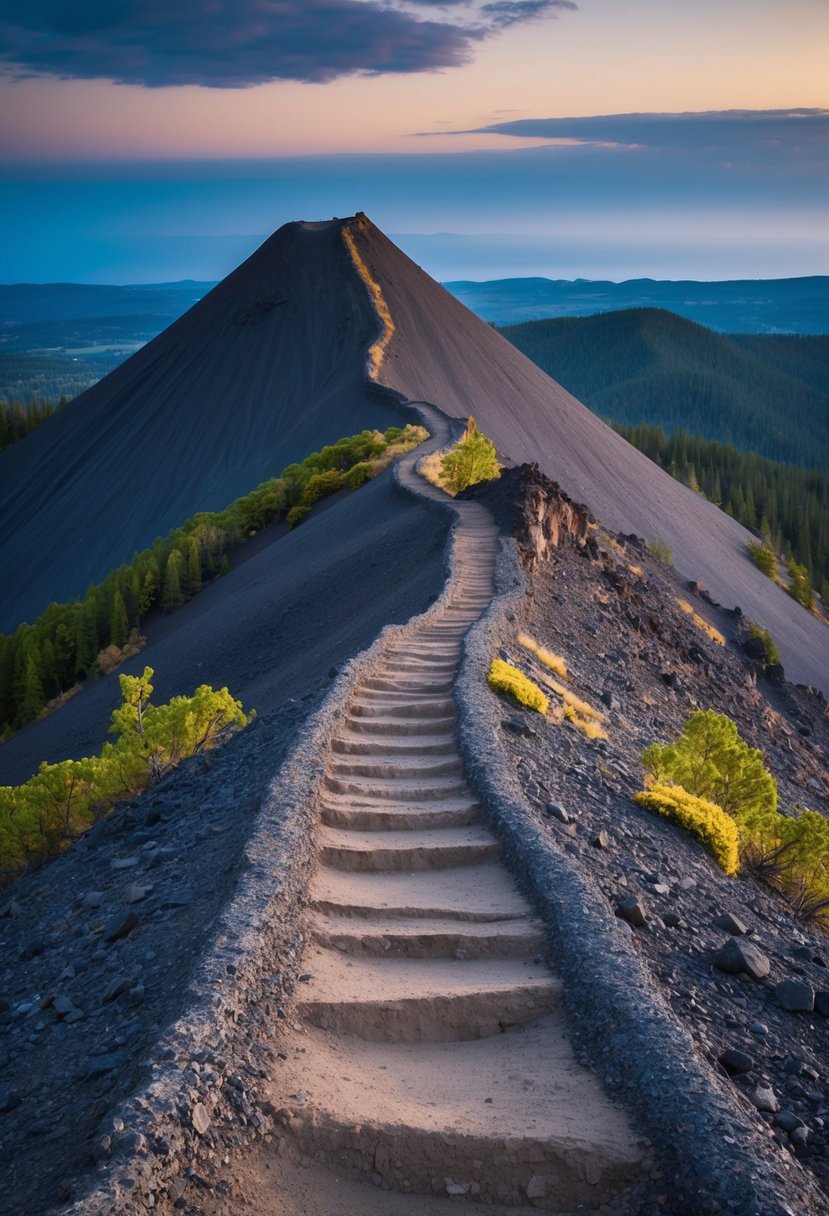 A winding trail ascends a rugged cinder cone, surrounded by volcanic landscapes in Lassen Volcanic National Park