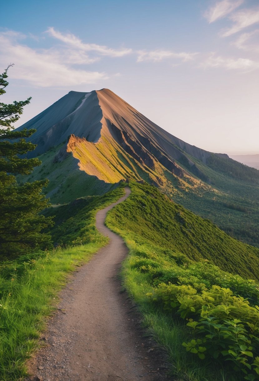 A winding trail ascends Lassen Peak, surrounded by lush greenery and volcanic rock formations in Lassen Volcanic National Park