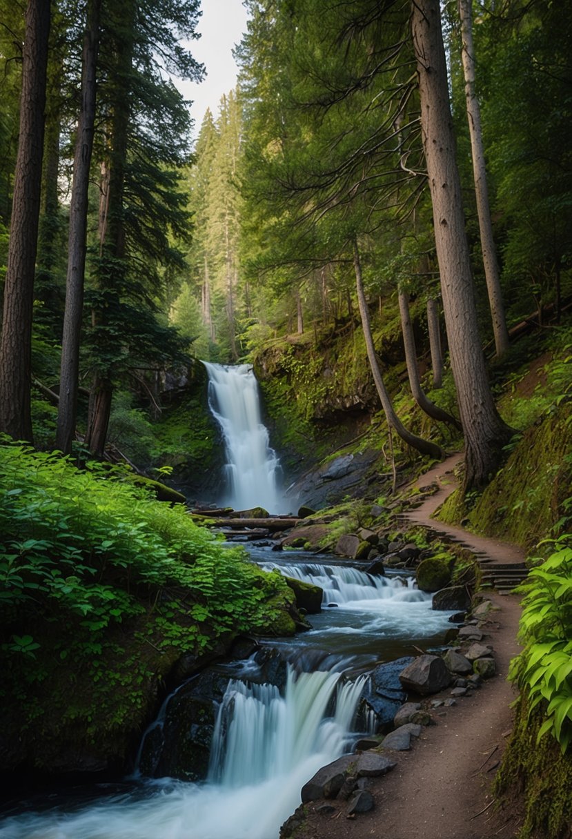 A winding trail through lush forest, leading to Kings Creek Falls in Lassen Volcanic National Park. Tall trees and a rushing waterfall