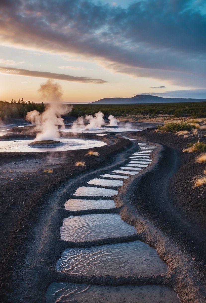 A winding trail through geothermal features in Lassen Volcanic National Park, with bubbling mud pots and steaming fumaroles