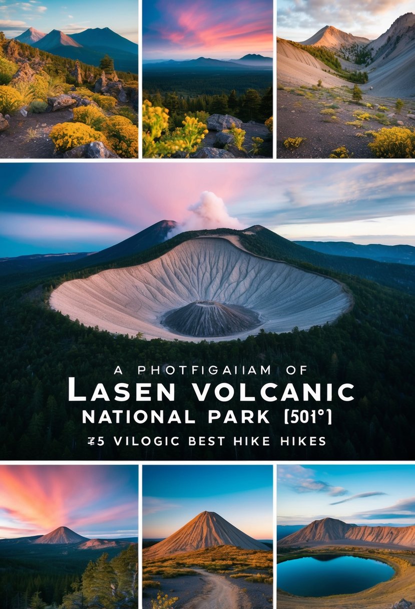 A panoramic view of Lassen Volcanic National Park, showcasing its geological wonders and the top five best hikes, with vibrant colors and diverse landscapes