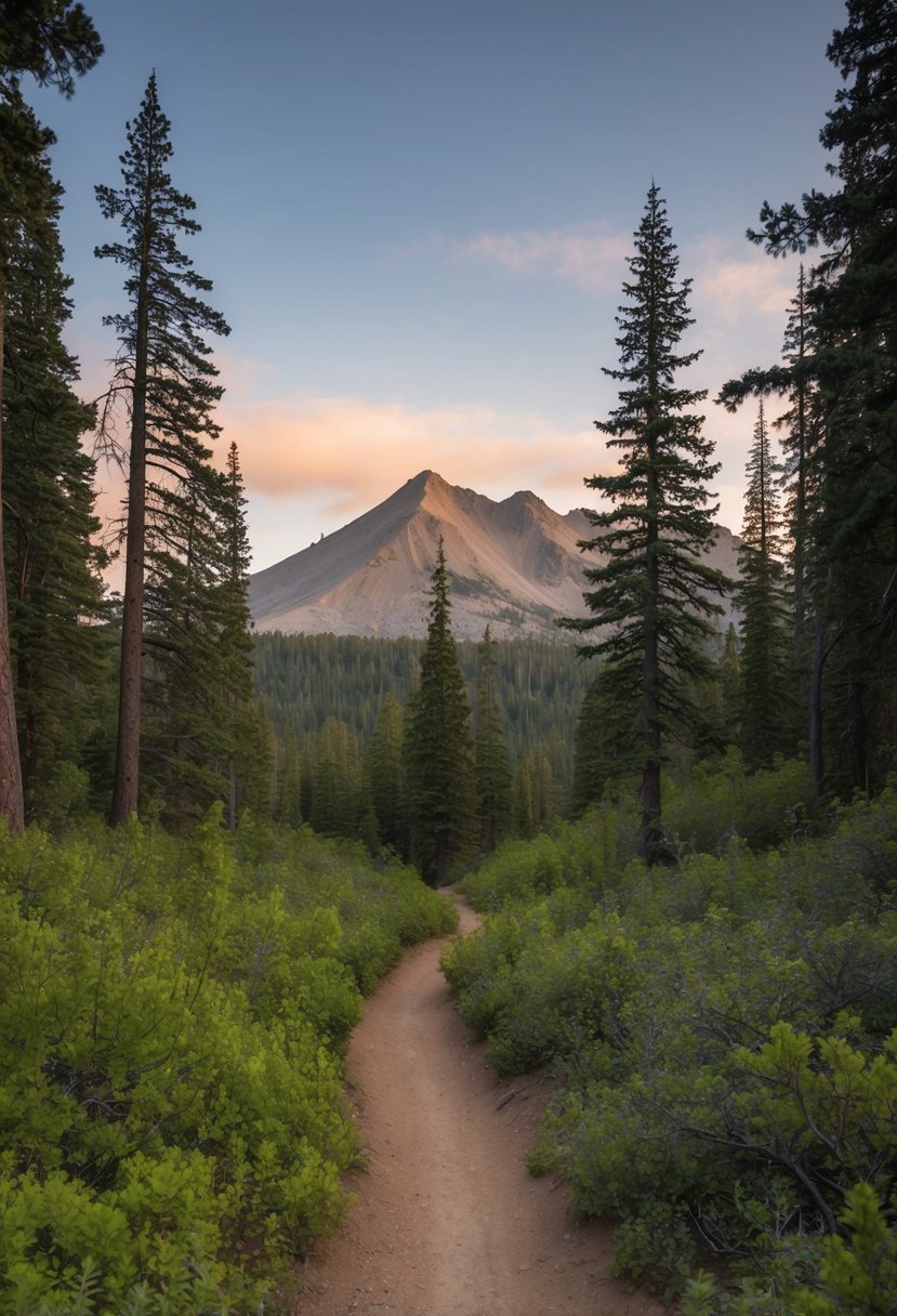 A serene forest trail winds through towering pine trees and lush underbrush, leading towards the rugged peaks of Lassen Volcanic National Park