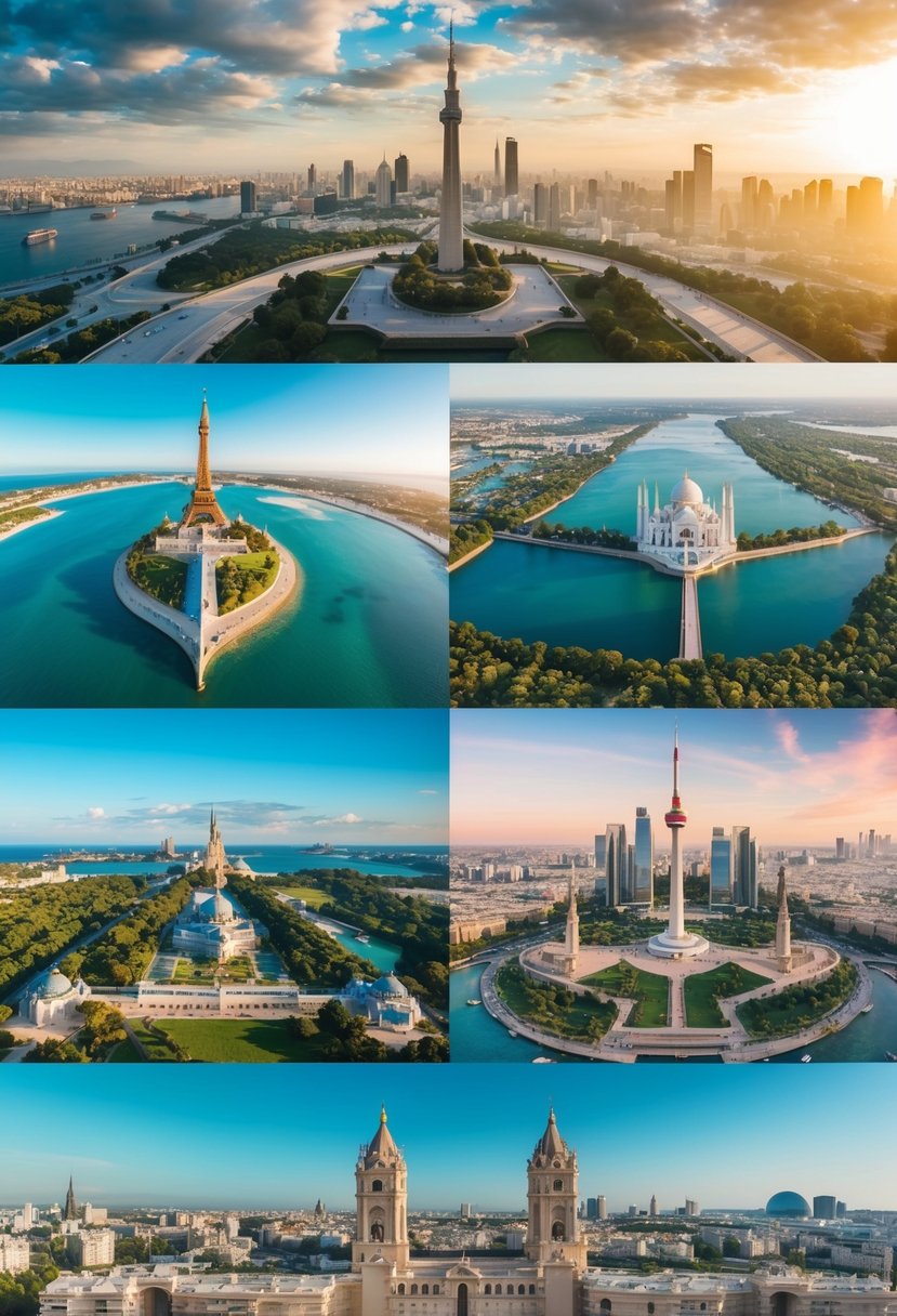Aerial views of iconic travel destinations with landmarks and natural landscapes