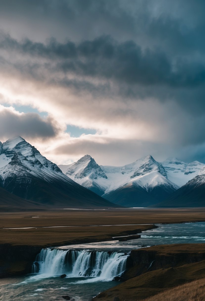 Snow-capped mountains, cascading waterfalls, and vast open plains under a dramatic sky
