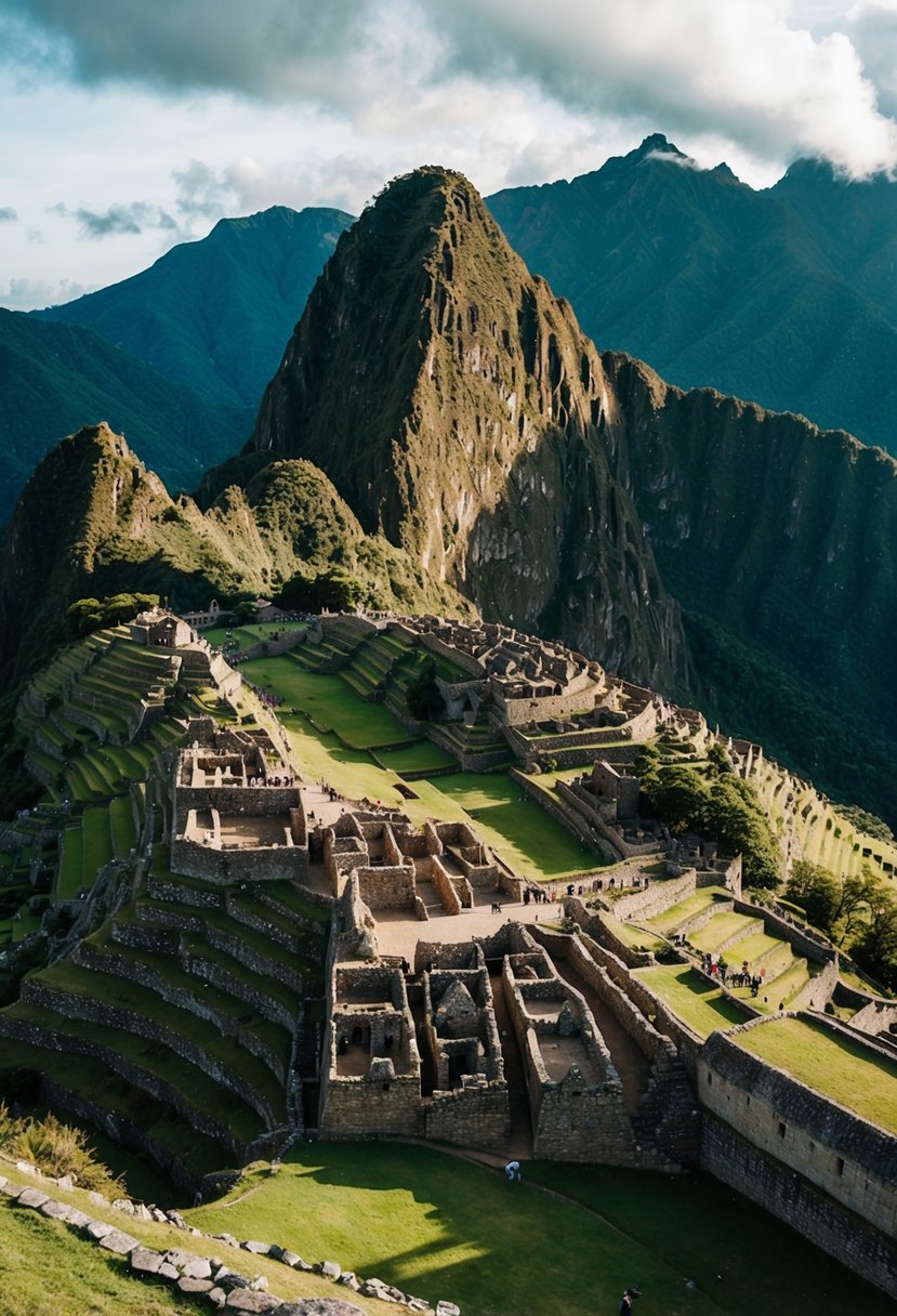 Aerial view of Machu Picchu with lush green mountains and ancient stone ruins
