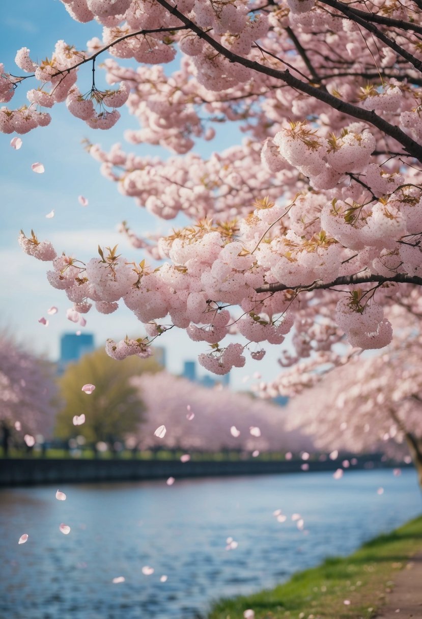 A serene riverbank with cherry blossom trees in full bloom, their delicate pink petals gently falling in the breeze