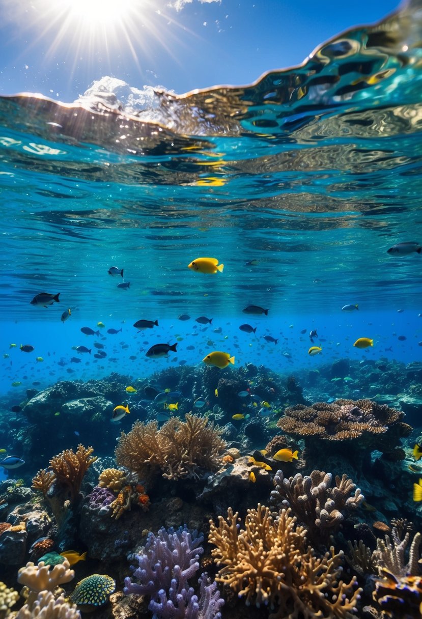 Crystal-clear waters teeming with colorful coral and marine life. Sunlight dances on the surface as fish dart through the reef