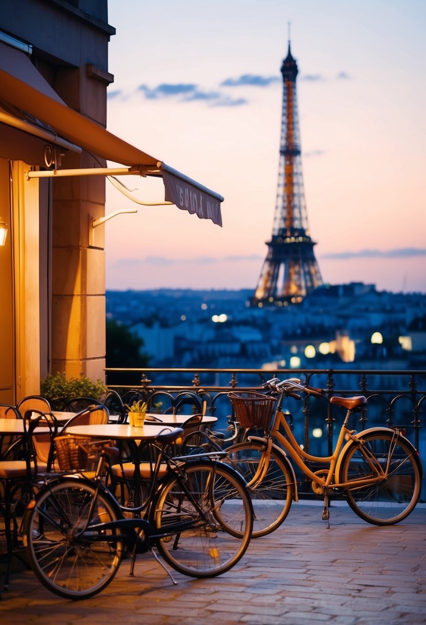 A cozy Parisian cafe at dusk, with the Eiffel Tower in the background and a couple of bicycles leaning against a wrought-iron fence