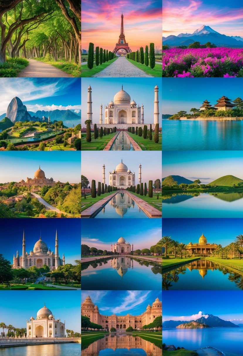 A collage of vibrant landscapes from around the world, each showcasing unique natural beauty and cultural landmarks