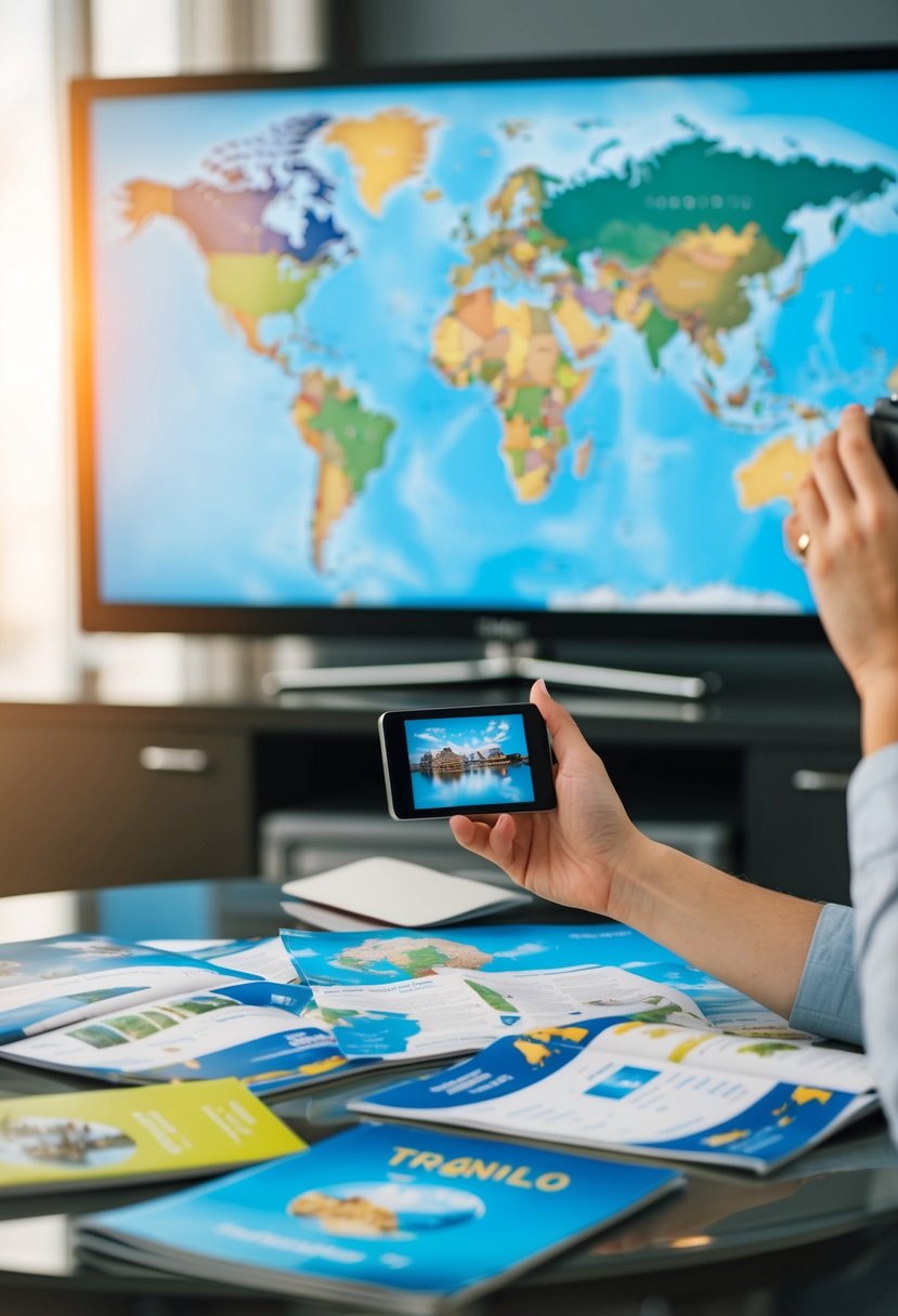 A traveler watching 5 destination videos, with a world map and travel brochures spread out on a table