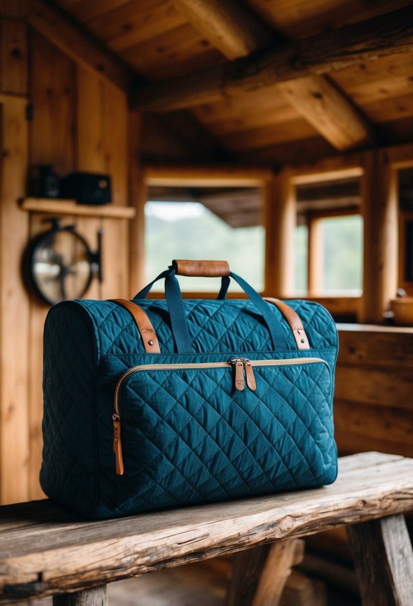 A quilted traveling bag sitting on a rustic wooden bench in a cozy cabin
