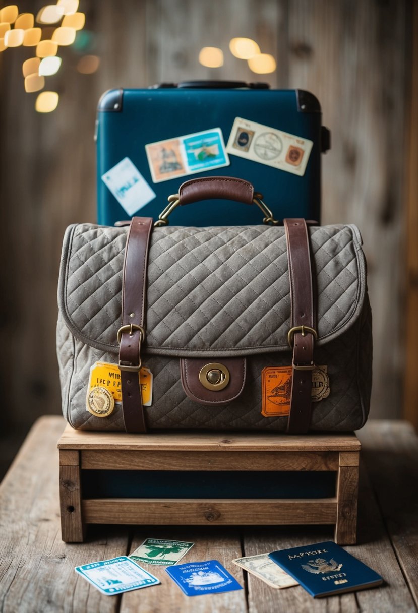 A vintage quilted traveling bag sits on a wooden luggage rack, surrounded by vintage travel stickers and a worn passport