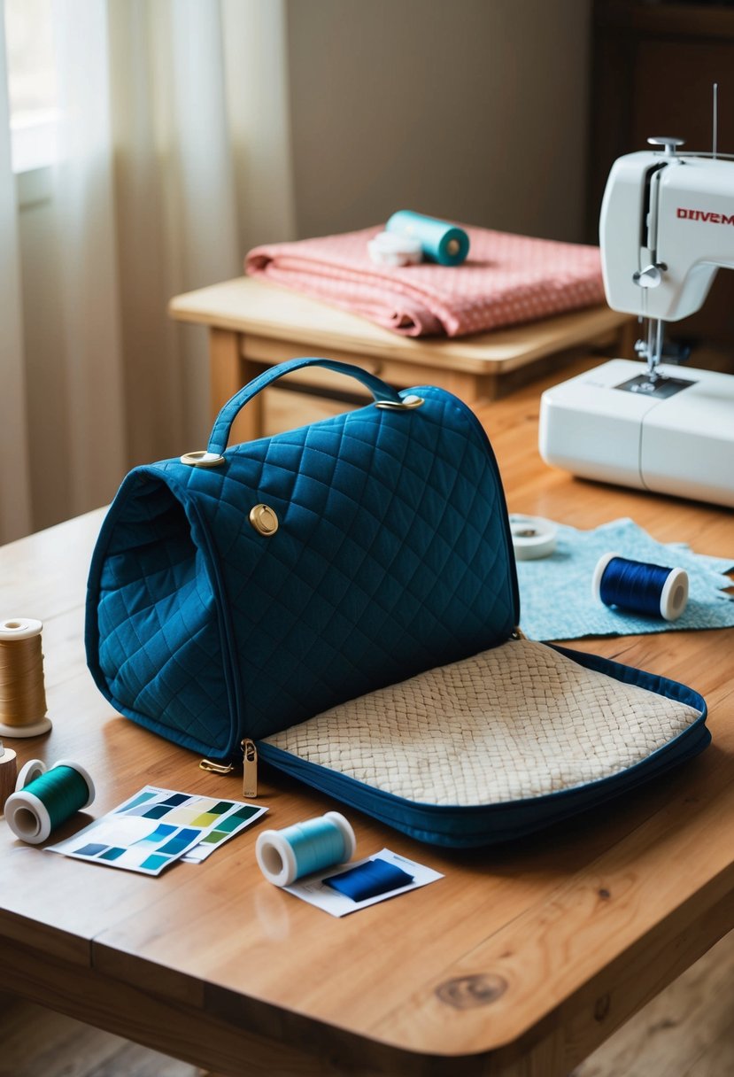 A quilted traveling bag sits open on a wooden table, surrounded by spools of thread, fabric swatches, and a sewing machine