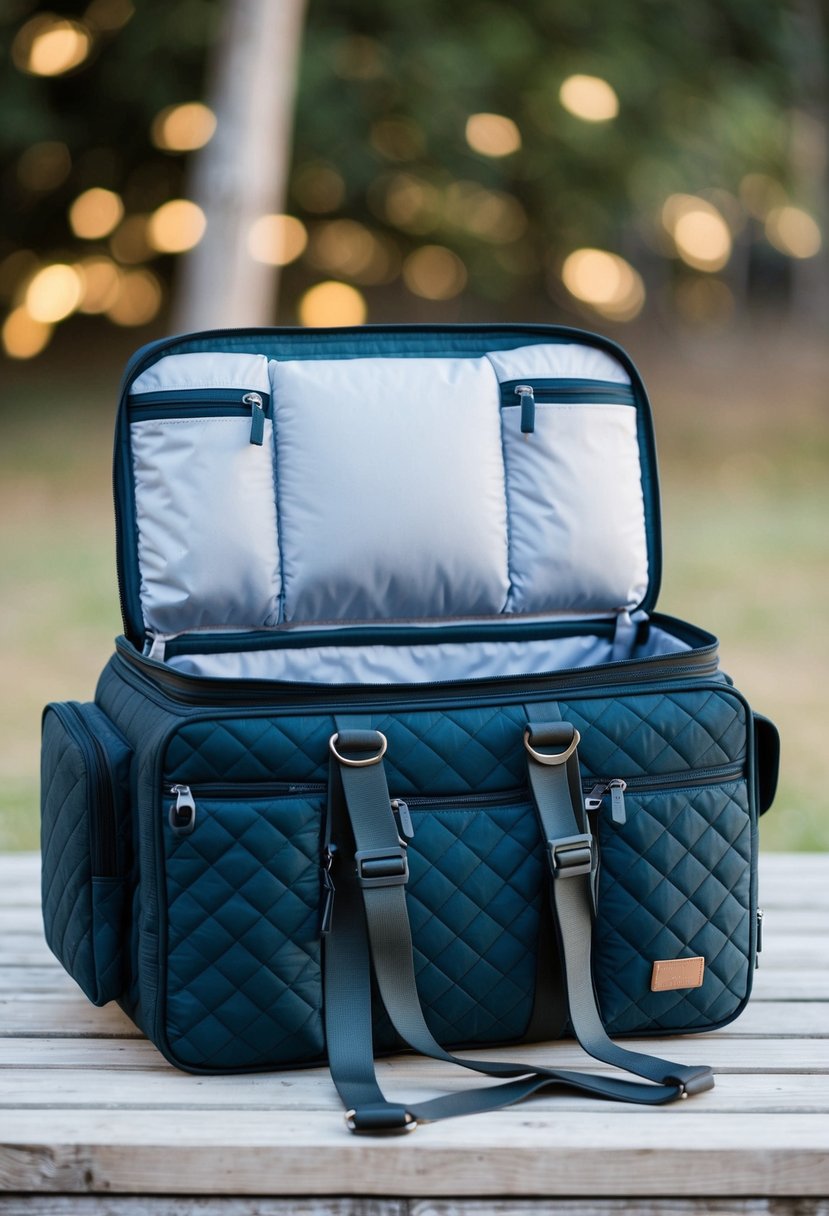 A quilted traveling bag sits open, revealing multiple compartments and pockets for organization. Its sleek design and sturdy straps suggest durability and practicality