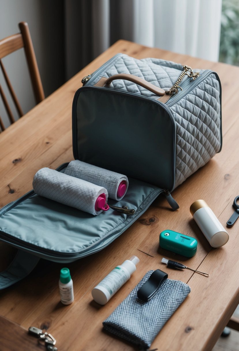 A quilted traveling bag sits open on a wooden table, with various maintenance and care items scattered around it - a lint roller, fabric spray, and a small sewing kit