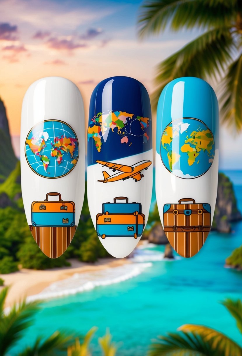 A nail design featuring iconic travel elements such as suitcases, airplanes, and world maps, set against a backdrop of tropical beaches and famous landmarks