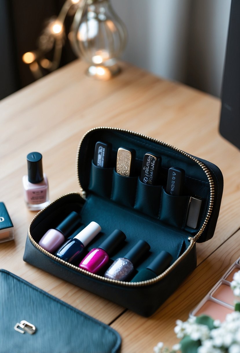 A compact travel bag open to reveal nail polish, files, and small decorations for maintaining aesthetics on the go